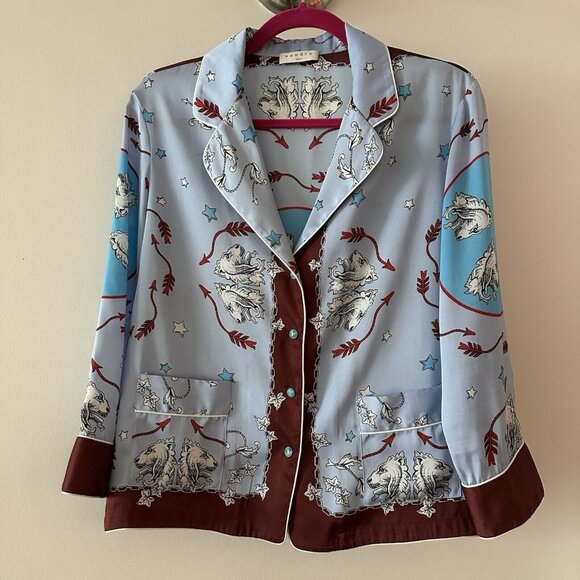 Sandro Top Pajama Shirt Blue Brown Silk Floral Button-up Three-Quarter Size 3 - Picture 2 of 6